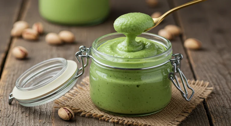 Homemade pistachio cream recipe in a glass jar with spoon on rustic table