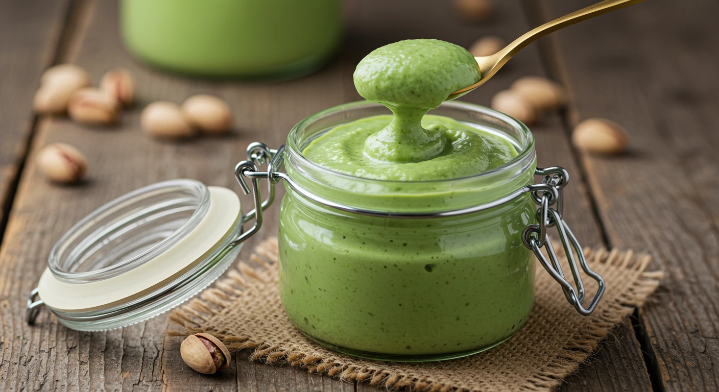 Homemade pistachio cream recipe in a glass jar with spoon on rustic table
