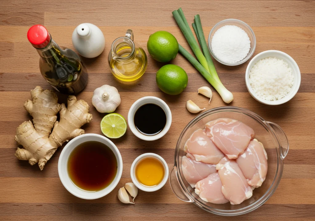 Top-down view of ingredients for Asian chicken marinade on a wooden table
