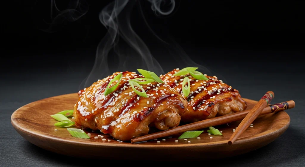 Grilled Asian chicken marinade thighs with sesame seeds and green onions on a rustic wooden plate