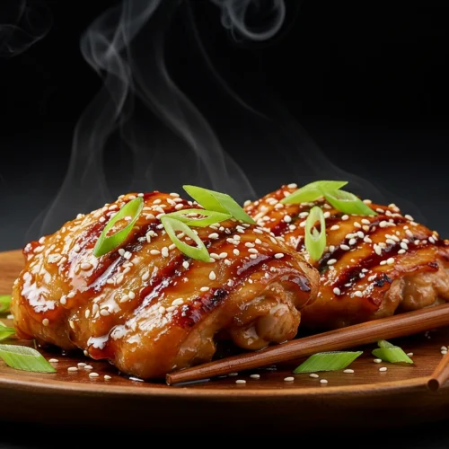 Grilled Asian chicken marinade thighs with sesame seeds and green onions on a rustic wooden plate