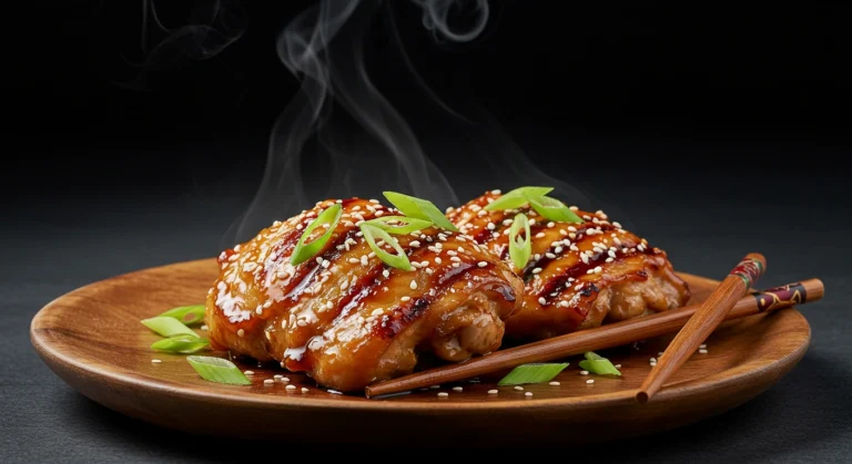 Grilled Asian chicken marinade thighs with sesame seeds and green onions on a rustic wooden plate