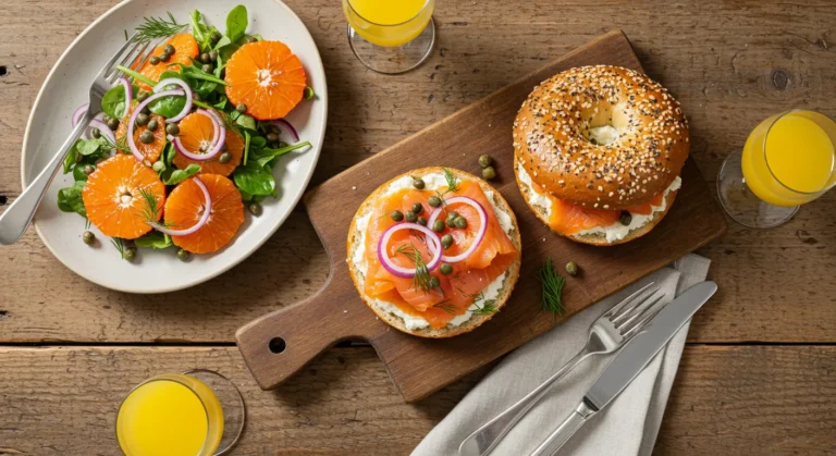 Smoked salmon sandwich on a rustic table with citrus salad and mimosa