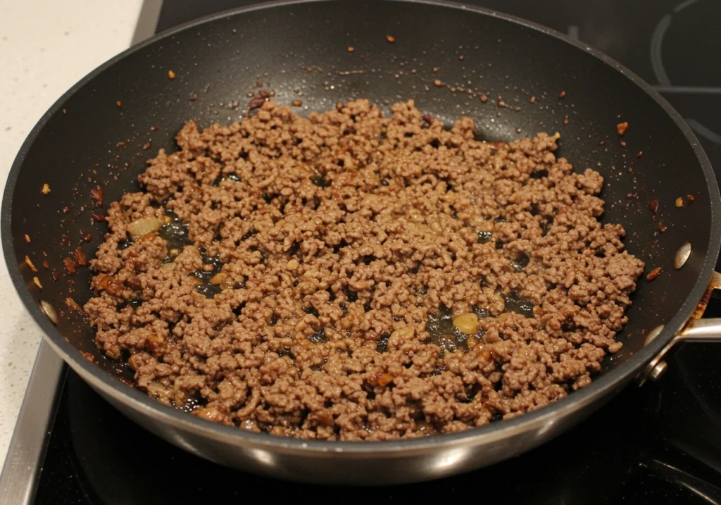 Step-by-step photos of tater tot casserole preparation from browning meat to layering.