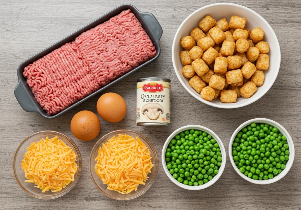 Flat lay of ingredients for making tater tot casserole on a rustic kitchen counter.