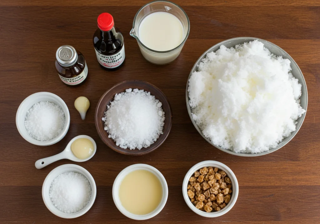 Flat lay of ingredients for making snow ice cream