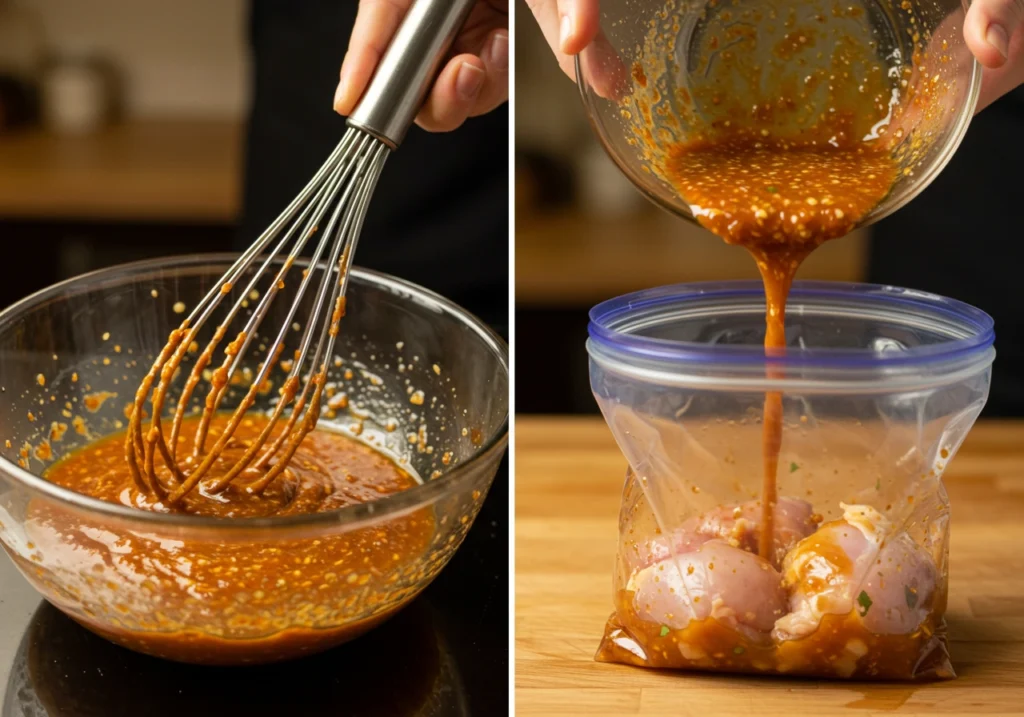 Whisking teriyaki marinade and pouring it over chicken