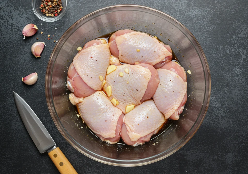 Raw chicken thighs marinating in soy-based Asian marinade in a glass bowl