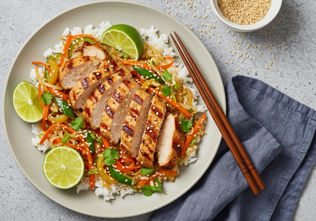 Served Asian chicken on jasmine rice with vegetables and sesame garnish