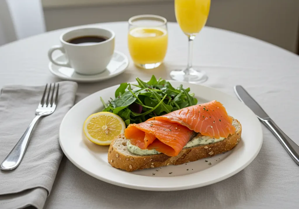 Fully assembled smoked salmon sandwich served with greens and a mimosa