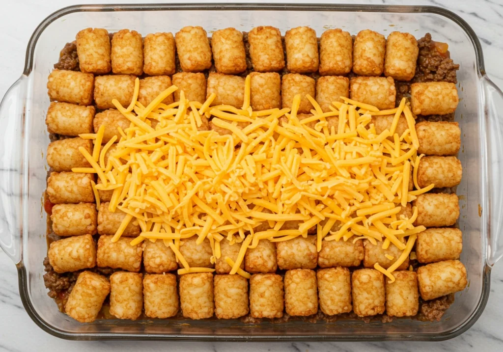 tater tot casserole preparation from browning meat to layering.
