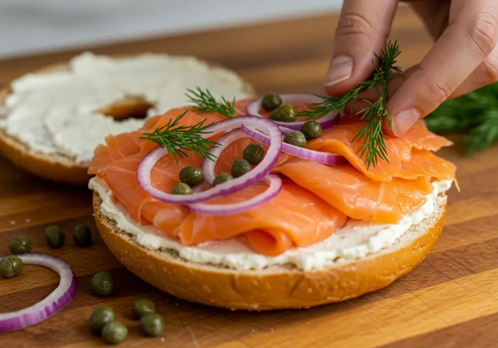Step-by-step sandwich assembly with layers of smoked salmon and toppings