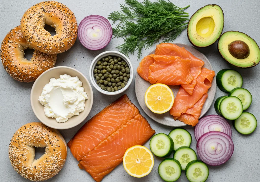 Ingredients for a smoked salmon sandwich including bagels, cream cheese, and fresh herbs
