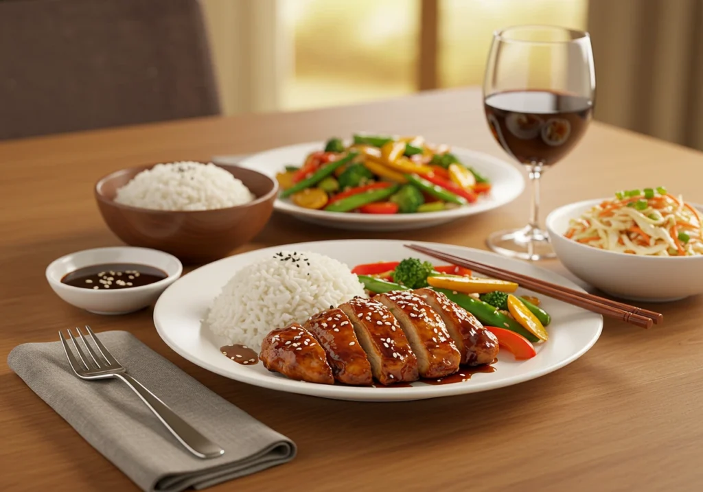 Teriyaki chicken served with rice and vegetables