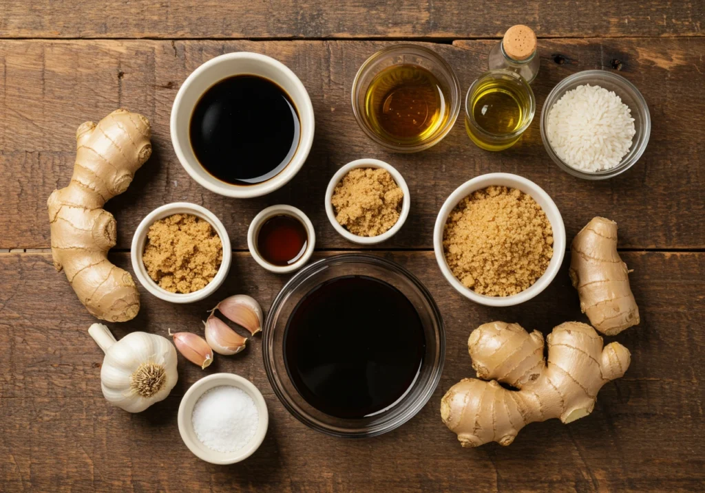 Flat lay of teriyaki marinade ingredients on kitchen table