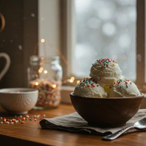 Homemade snow ice cream recipe in a rustic winter kitchen
