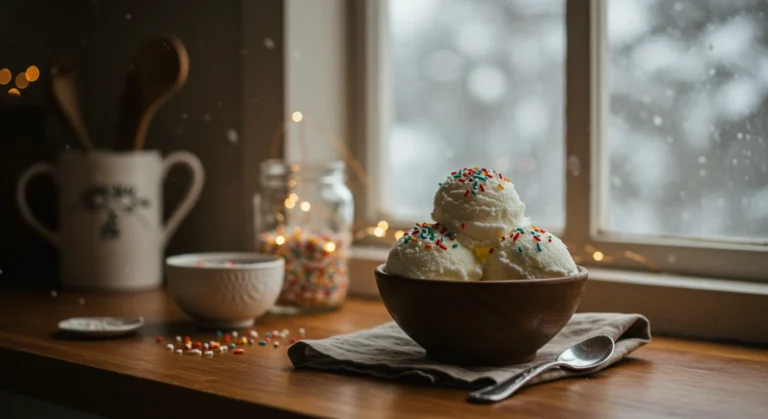 Homemade snow ice cream recipe in a rustic winter kitchen