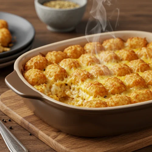 Hot tater tot casserole recipe fresh out of the oven with golden crispy topping.