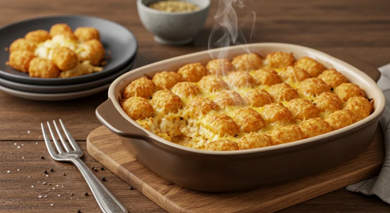 Hot tater tot casserole recipe fresh out of the oven with golden crispy topping.