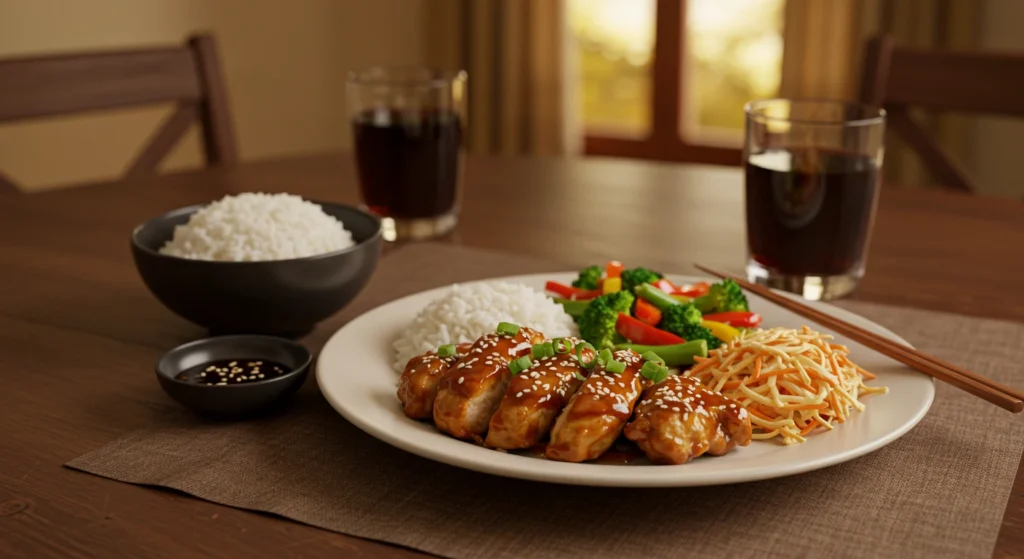 Teriyaki chicken marinade served on a plate with garnishes