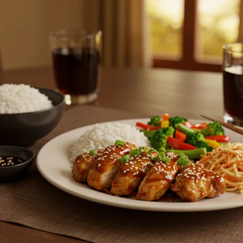 Teriyaki chicken marinade served on a plate with garnishes
