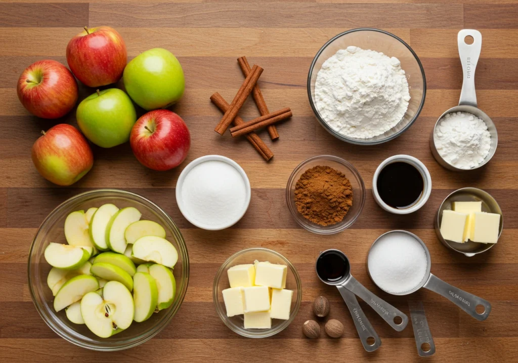 Fresh apples and baking ingredients for apple cobbler on a kitchen counter