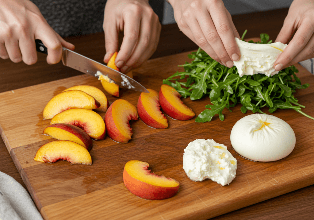 Preparing peach burrata salad step by step