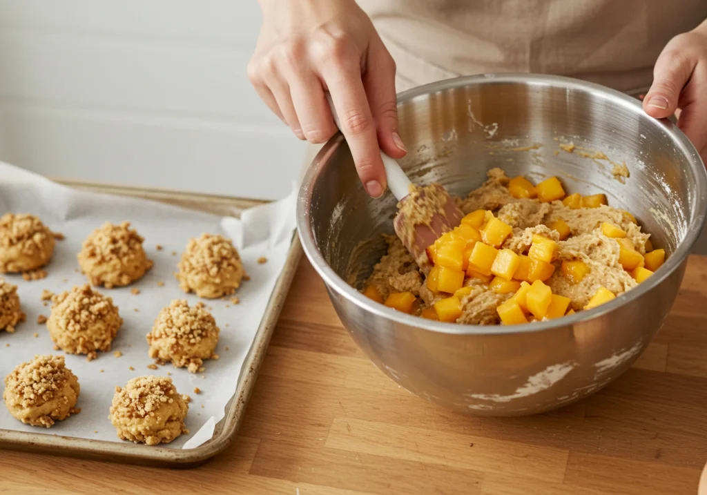 Cookie dough with peaches being mixed in a bowl before baking.