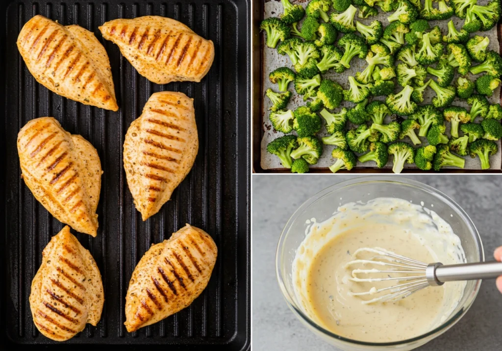 Step-by-step process of making grilled chicken and broccoli bowls with creamy garlic sauce