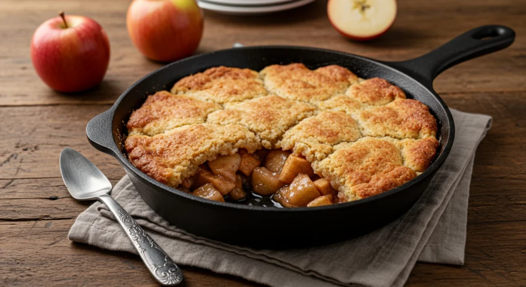 Golden brown apple cobbler recipe in a skillet with bubbling apples and cinnamon