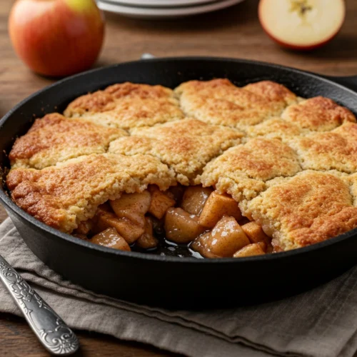 Golden brown apple cobbler recipe in a skillet with bubbling apples and cinnamon