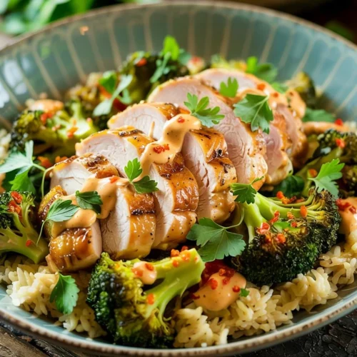 Featured grilled chicken and broccoli bowl with creamy garlic sauce