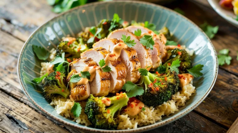 Featured grilled chicken and broccoli bowl with creamy garlic sauce