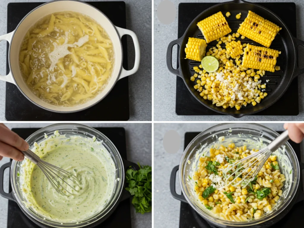 Step-by-step preparation of Mexican street corn pasta salad