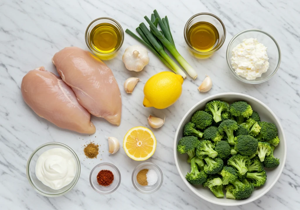 Fresh ingredients for grilled chicken and broccoli bowls with creamy garlic sauce