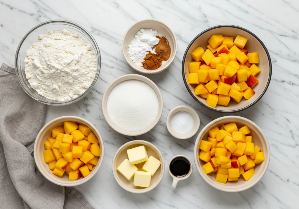 Ingredients for making peach cobbler cookies laid out on a counter.