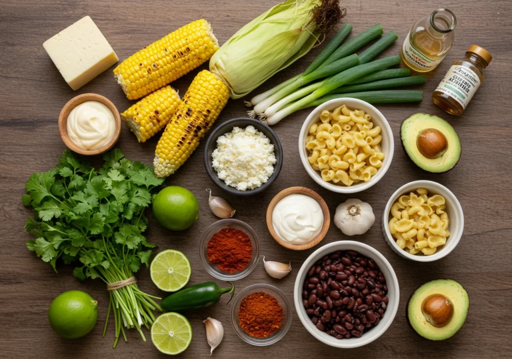 Ingredients for Mexican street corn pasta salad arranged on a wooden table