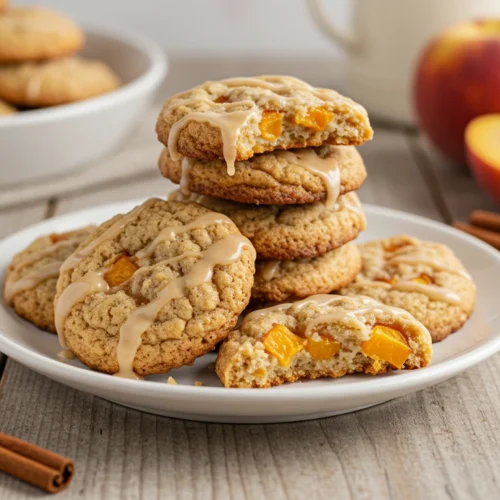 Peach cobbler cookies stacked on a white plate with peaches and cinnamon sticks.