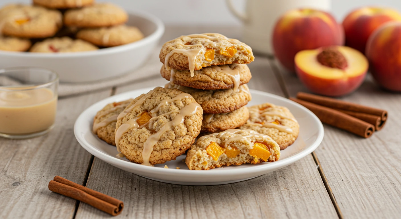Peach cobbler cookies stacked on a white plate with peaches and cinnamon sticks.