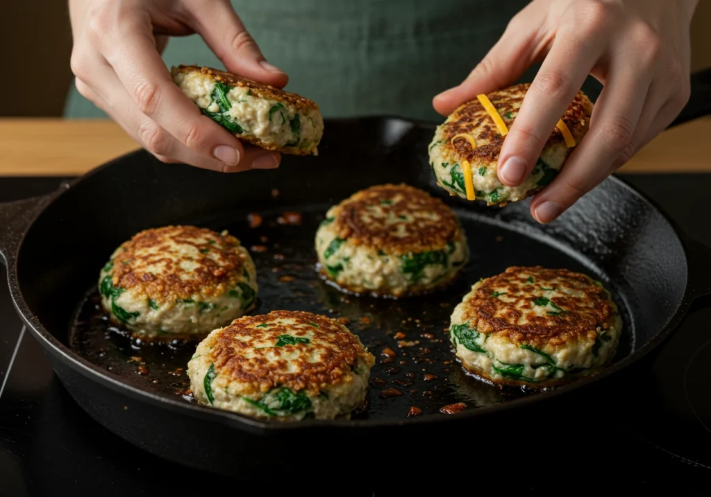 Step-by-step preparation of ground chicken burgers with spinach and cheddar.