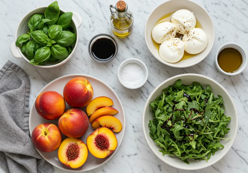 Ingredients for peach burrata salad laid out on marble countertop