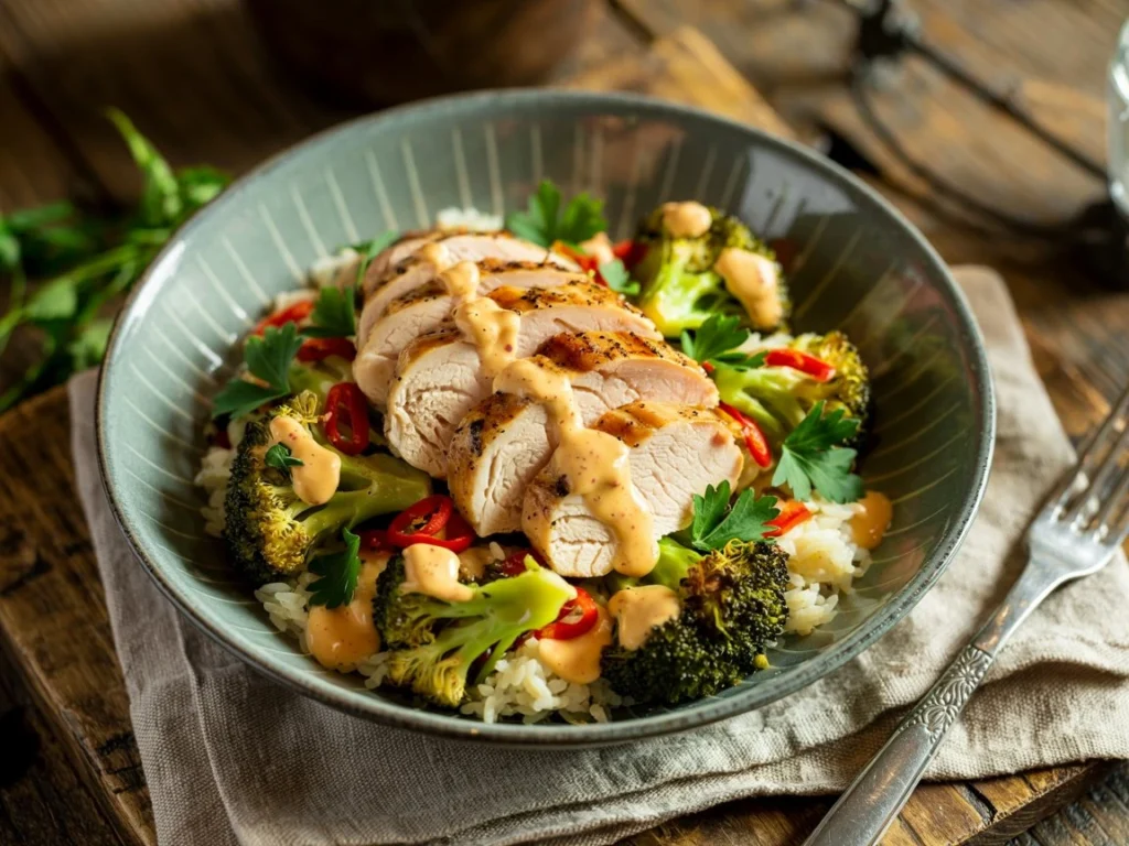 Served grilled chicken and broccoli bowl with creamy garlic sauce
