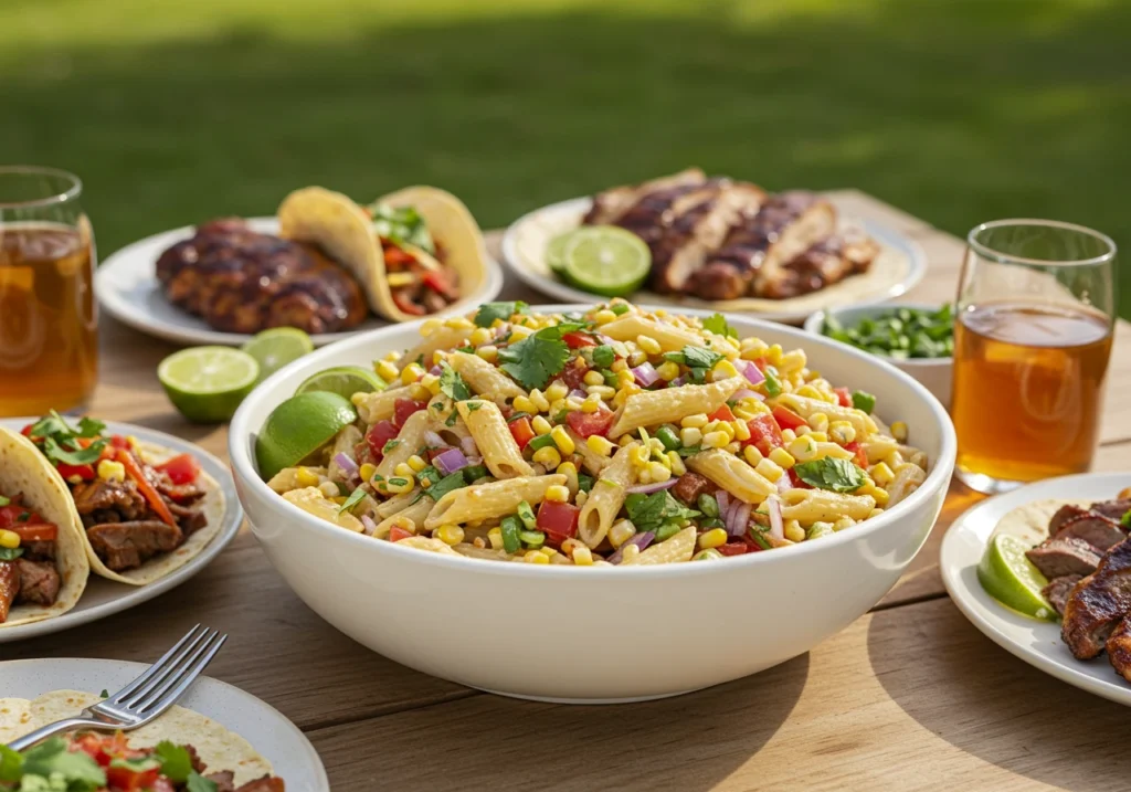 Mexican street corn pasta salad served at a summer picnic with BBQ dishes