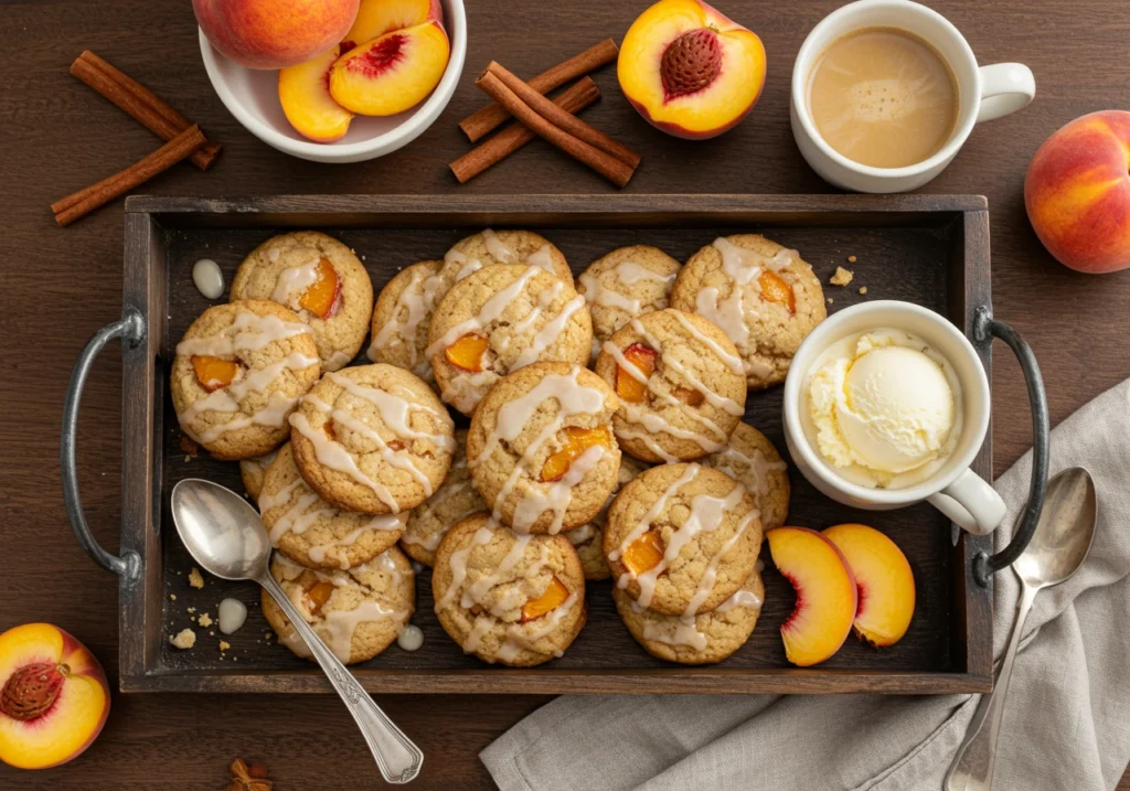 Peach cobbler cookies served with ice cream and coffee.