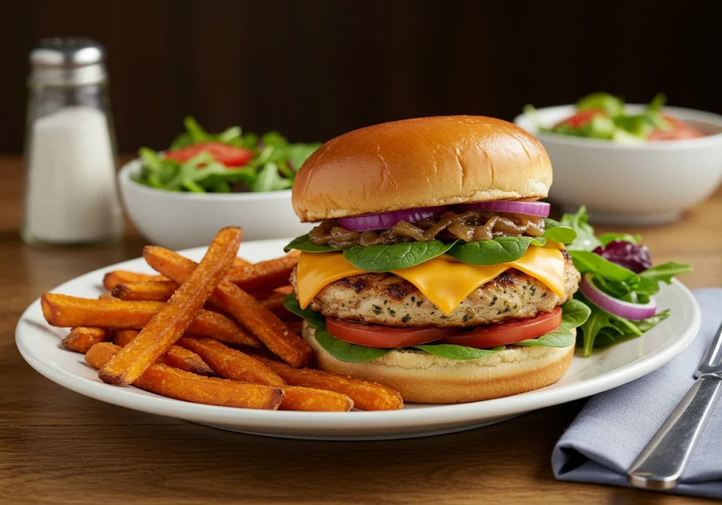 White cheddar and spinach chicken burger served with fries and salad.