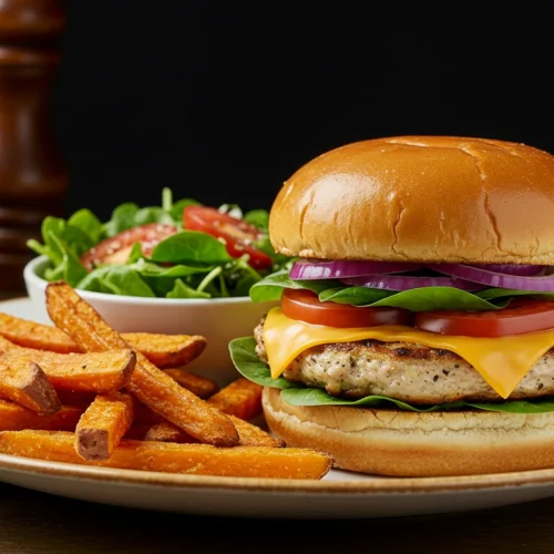 Juicy white cheddar and spinach chicken burgers on toasted buns with melted cheese and fresh greens.
