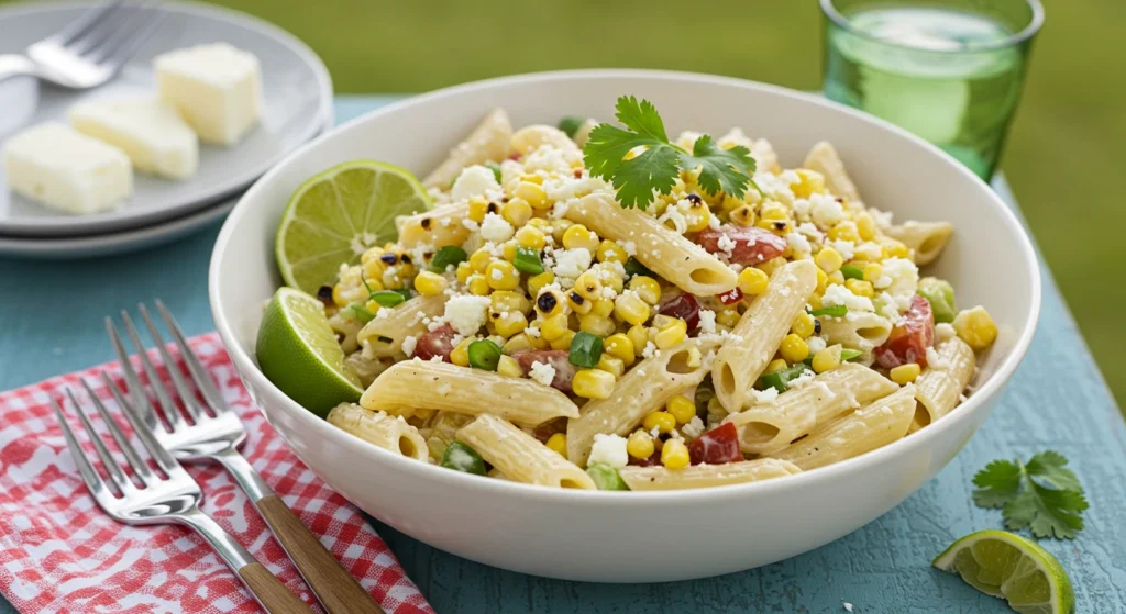 Quick & creamy Mexican street corn pasta salad in a bowl with lime and cilantro
