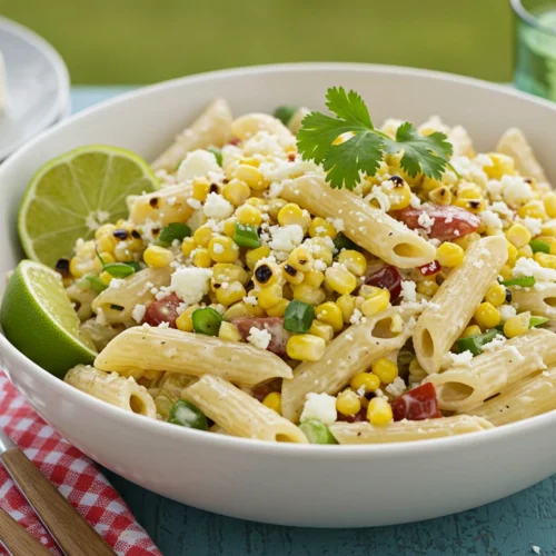 Quick & creamy Mexican street corn pasta salad in a bowl with lime and cilantro