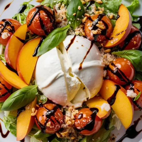 Fresh peach burrata salad with basil and balsamic glaze