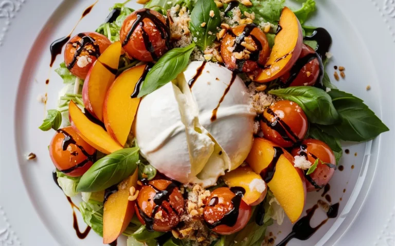 Fresh peach burrata salad with basil and balsamic glaze